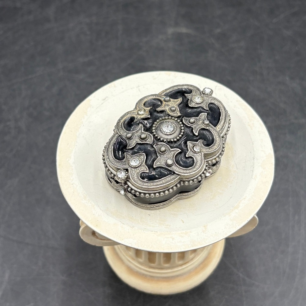 Vtg Style Ornate Trinket Box Black Enamel Rhinestone Pewter Tone Magnetic